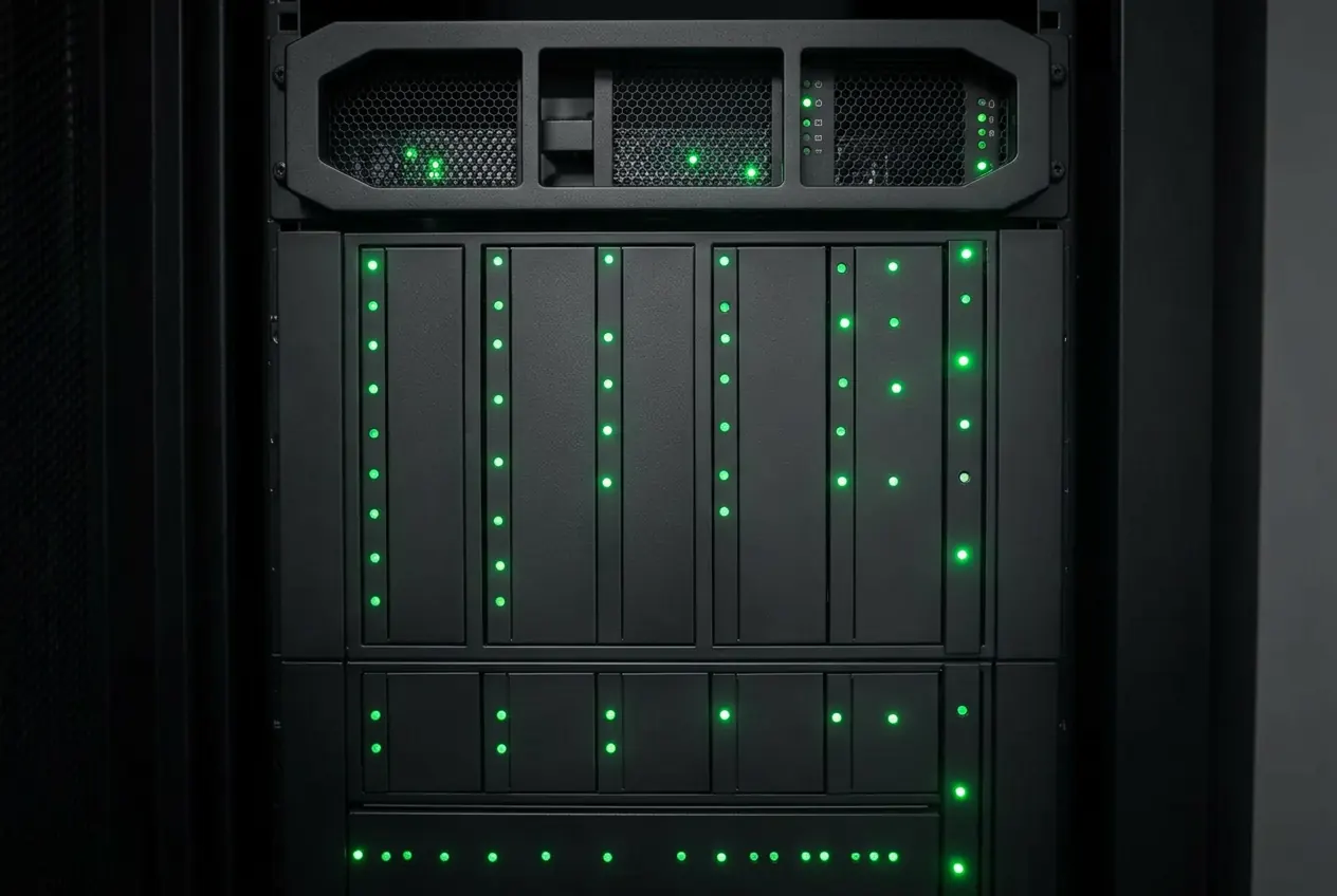 Live status LEDs glowing on a customer's full rack of servers
