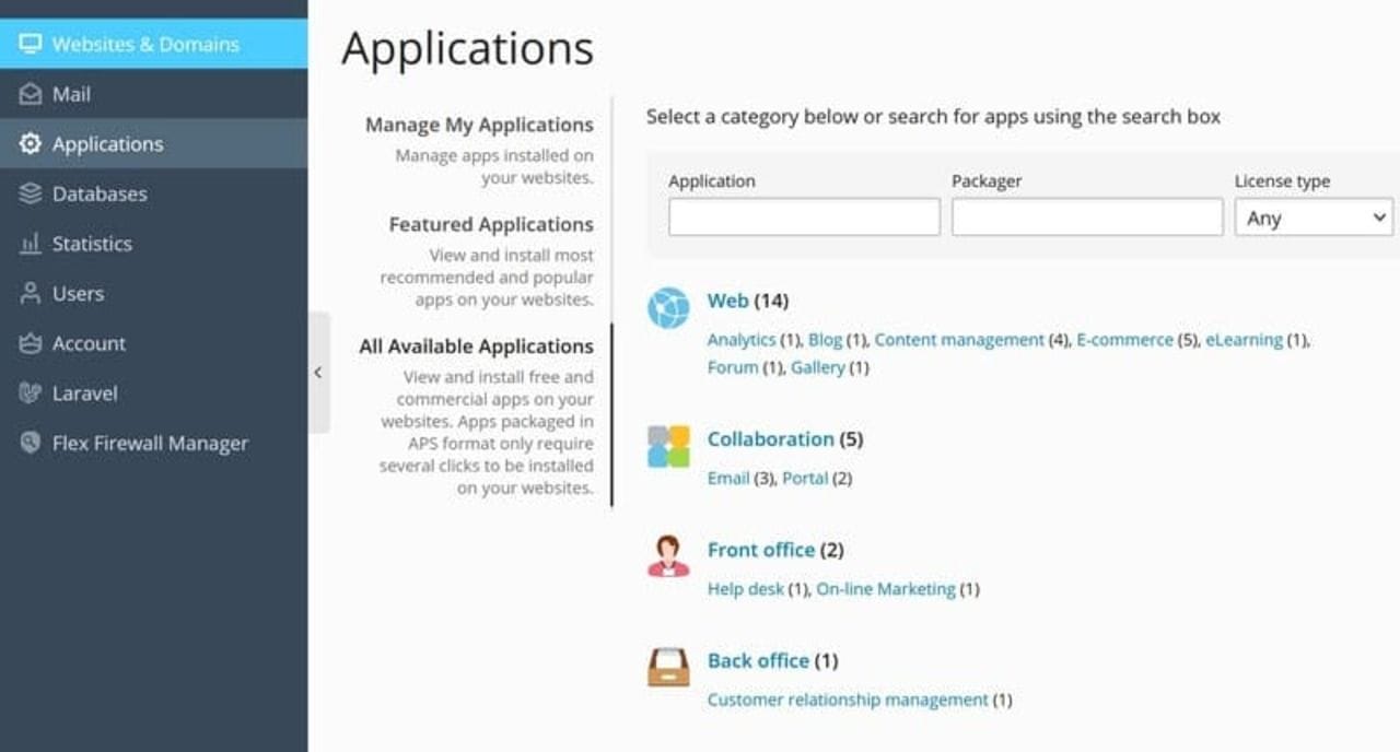 Plesk Applications panel showing one-click installer categories: Web, Collaboration, Front office and Back office