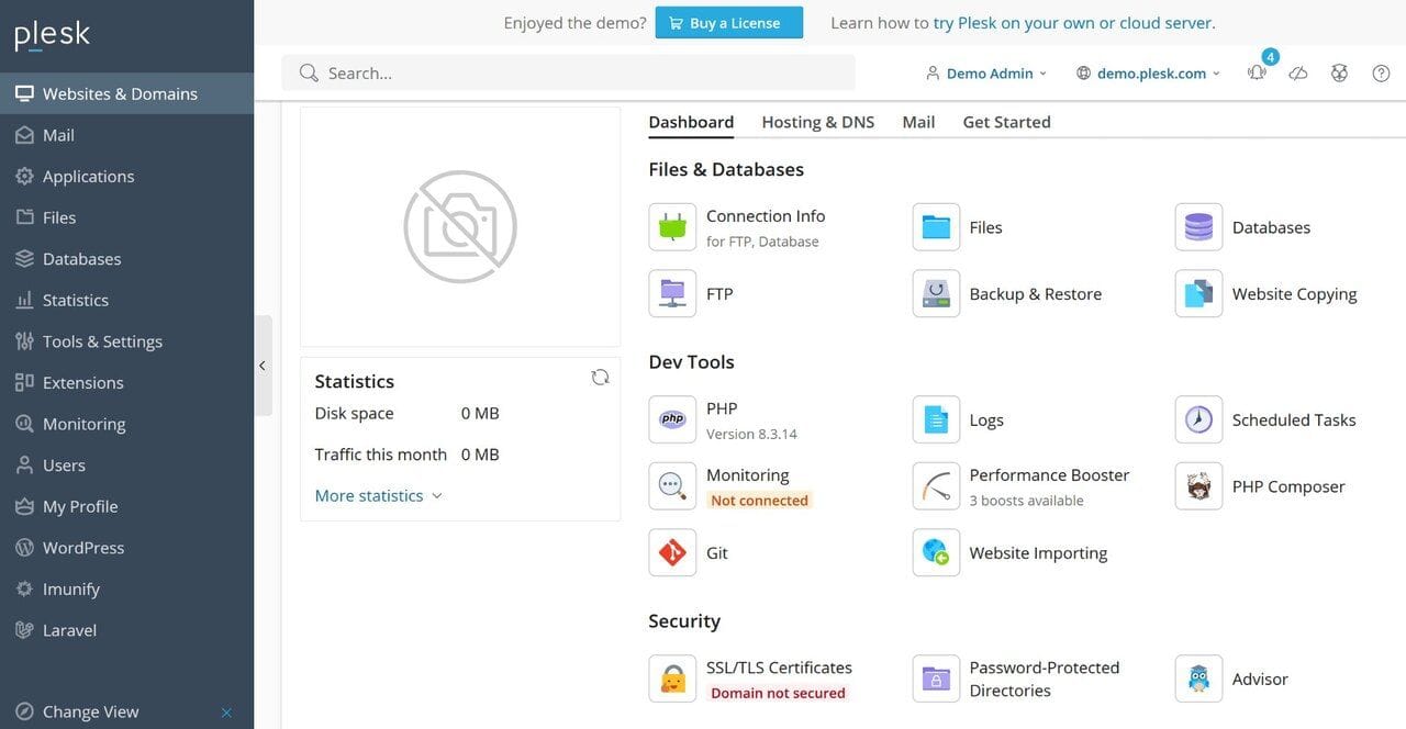 Plesk Obsidian dashboard showing Websites & Domains, Mail, Files, Databases and Security tools
