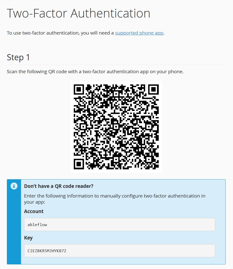 QR code setup screen for 2FA